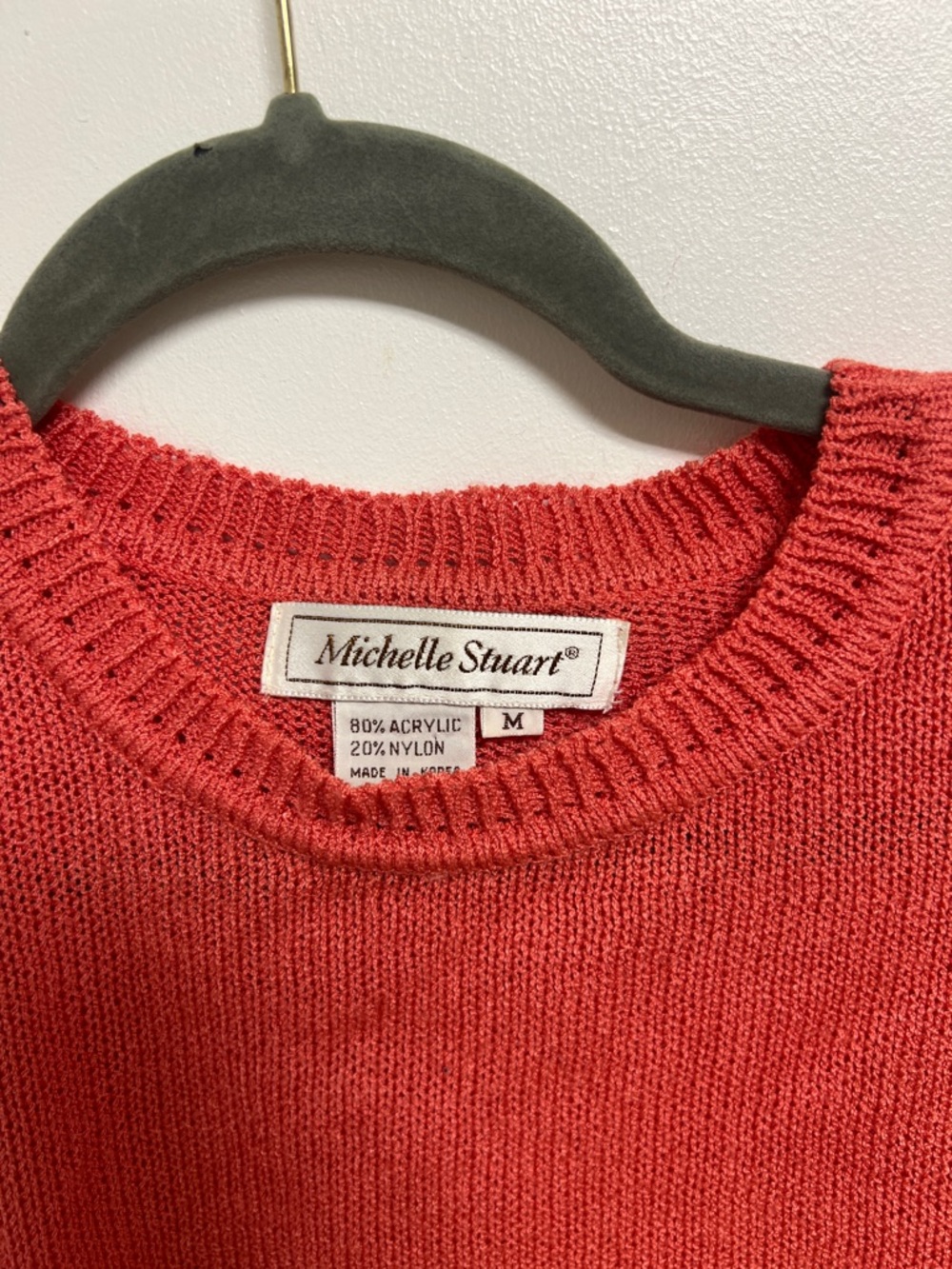 Michelle Stuart Vintage Coral Crewneck Sweater Teal & Purple Trim Small Medium - Picture 2 of 5